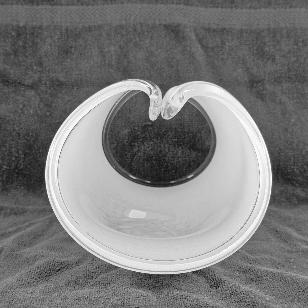 Modern Murano Style Hand Blown Art Glass Vase White Cased Glass Folded Rim Decor
